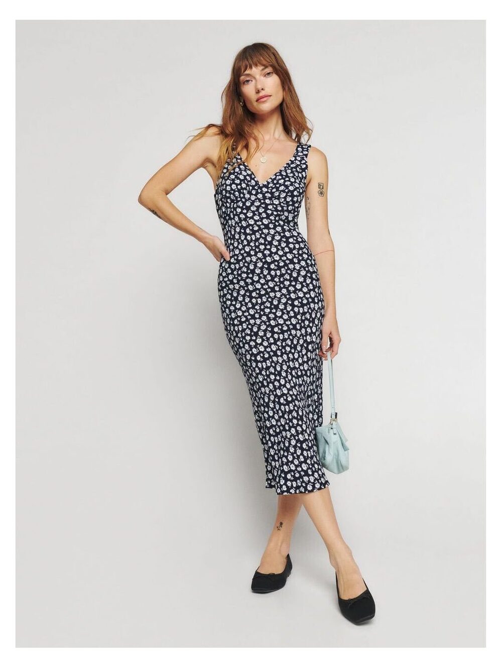 Reformation Navy Blue and White Floral Midi Dress